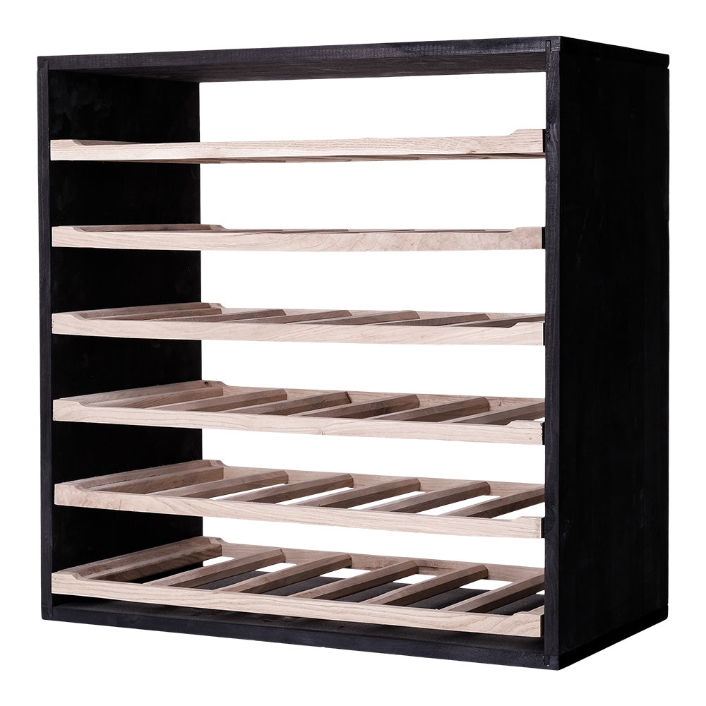 Caverack Modular Wine Rack LEO with Six Sliding Shelves in Oak and Black S8BLACK angled view with shelves retracted
