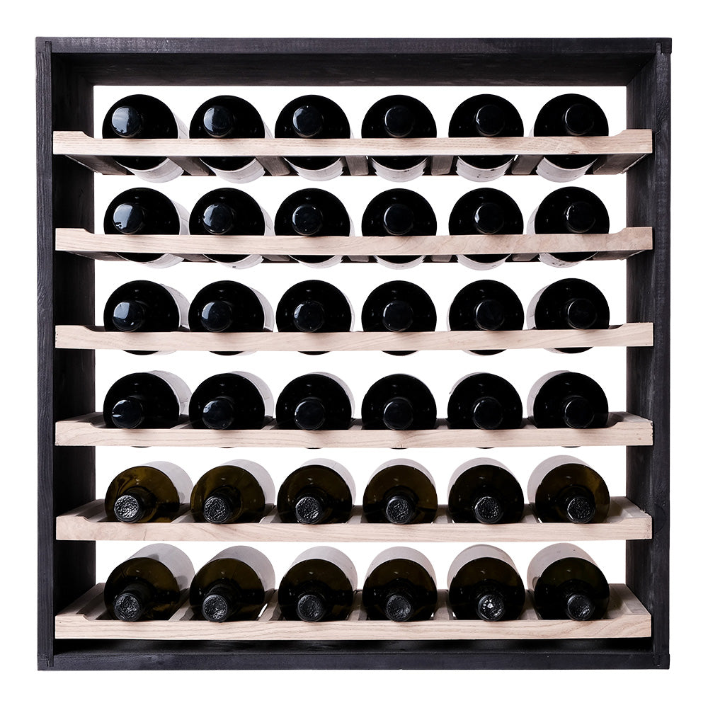 Caverack Modular Wine Rack LEO with Six Sliding Shelves in Oak and Black S8BLACK each shelf containing 6 bottles view from front