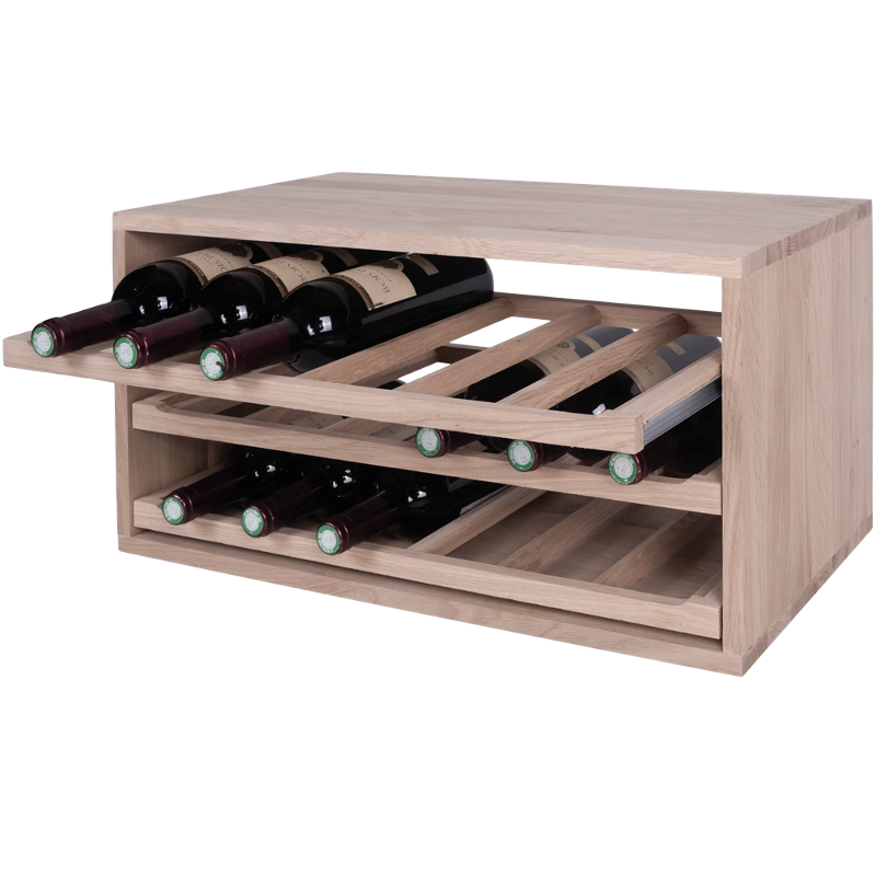 Caverack Modular Wine Rack - Half Leo - 3 Sliding Shelves - Oak - Front Image with top shelf extended