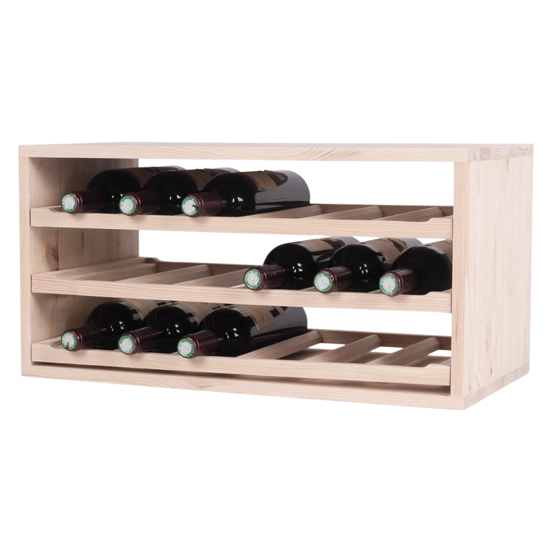 Caverack Modular Wine Rack - Half Leo - 3 Sliding Shelves -  Front Angled Image stocked with bottles - Pine