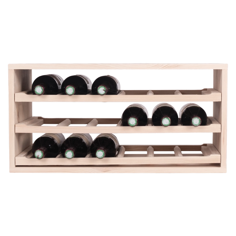 Caverack Modular Wine Rack - Half Leo - 3 Sliding Shelves - Front Image Stocked with bottles - Pine