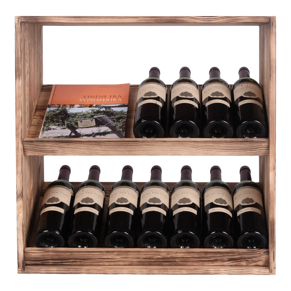 Caverack Modular Wine Rack Andino module in Burnt Pine S3BPINE Displaying 11 bottles and a magazine in a front view