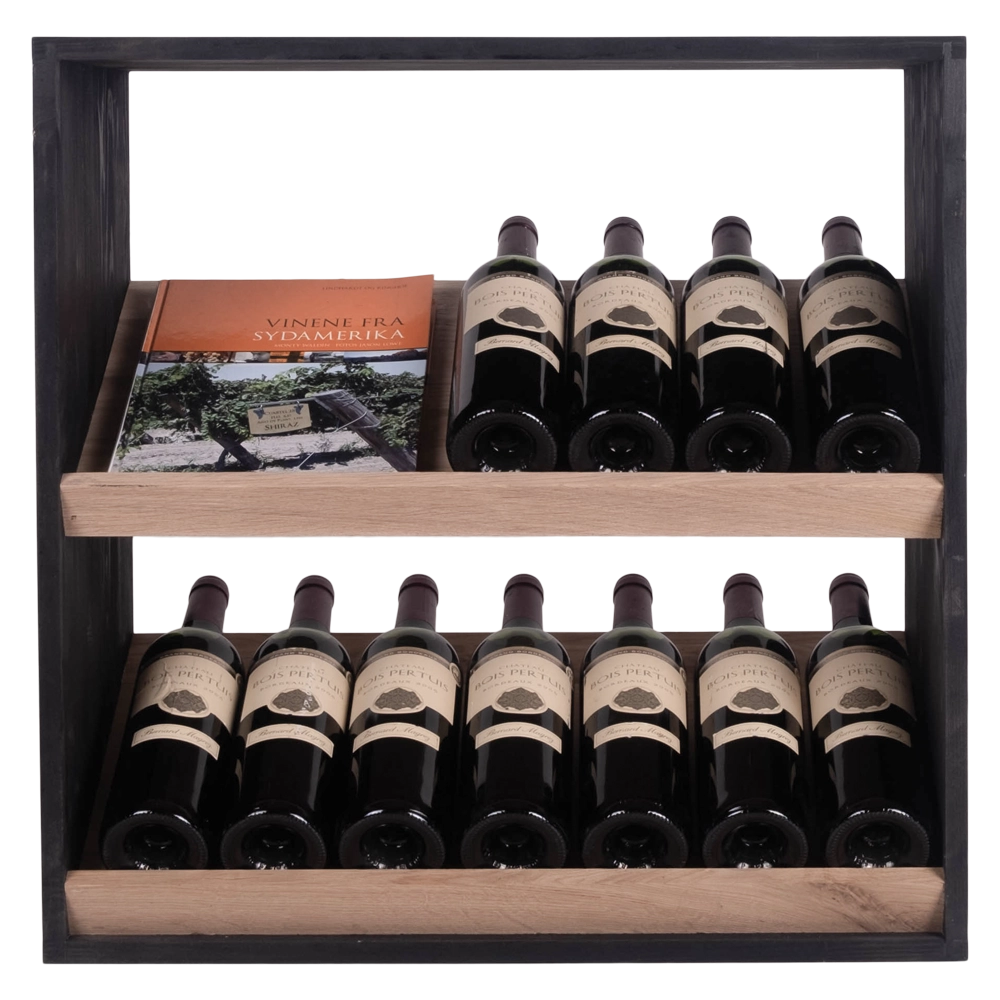 Caverack Modular Wine Rack ANDINO in Oak and Black S3BLACK Display Image with 11 Bordeaux bottles and a wine magazine