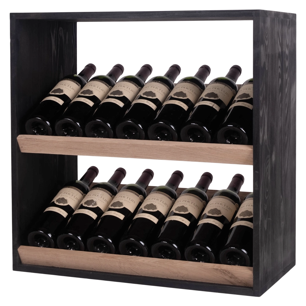 Caverack Modular Wine Rack ANDINO in Oak and Black S3BLACK Display Image with 14 Bordeaux bottles angled to side to show depth and material detail