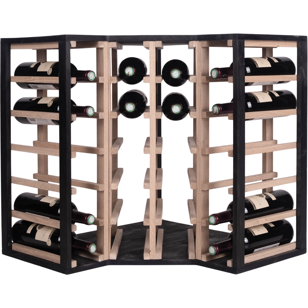 Caverack Modular Wine Racks - CORNER - Oak and Black 24 Bottles Front Display Image