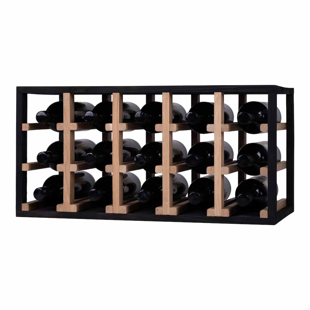 Caverack Modular Wine Racks - HALF ALDA WIDE - Oak and Black S17BLACK - showing the wine rack fully stocked with 15 Bordeaux wine bottles from the side