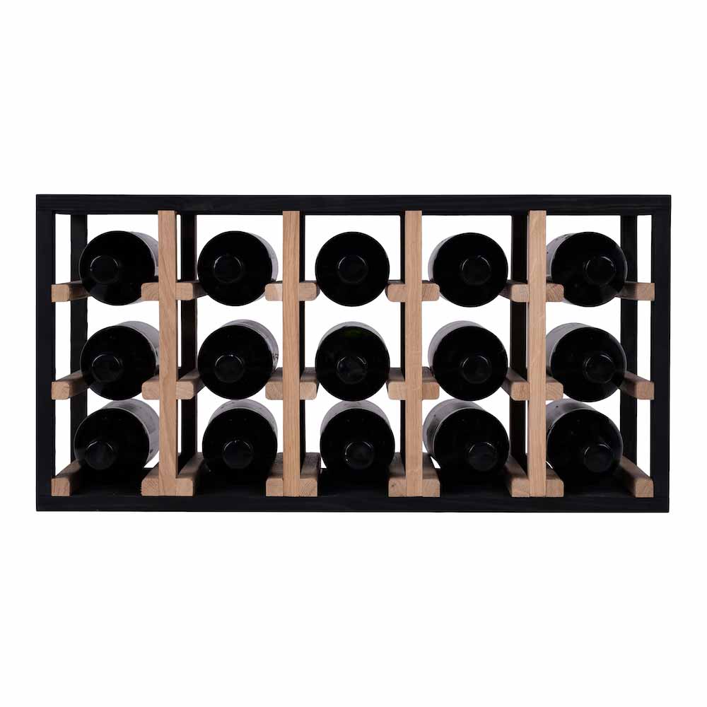 Caverack Modular Wine Racks - HALF ALDA WIDE - Oak and Black S17BLACK - showing the wine rack fully stocked with 15 Bordeaux wine bottles 