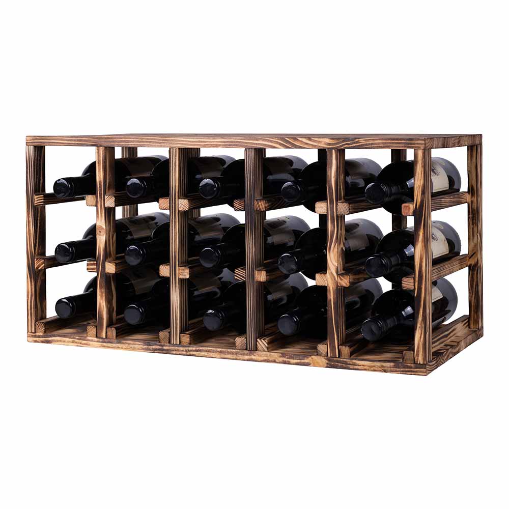 Caverack Modular Wine Racks - HALF ALDA WIDE - Burnt Pine S17BPINE display image showing the rack fully stocked with 15 Bordeaux wine bottles. Image taken from the side