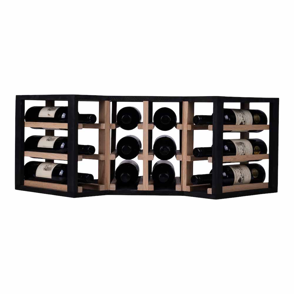 Caverack Modular Wine Rack Half Corner S14BLACK in Oak and Black Front Display Image containing bottles