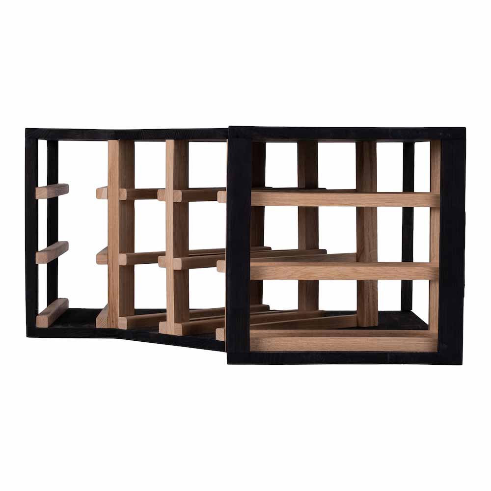 Caverack Modular Wine Rack Half Corner S14BLACK in Oak and Black containing no bottles for full unit view from the side