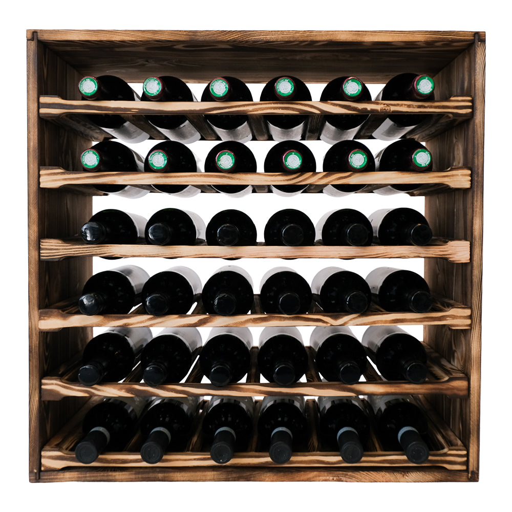 Caverack Modular Wine Rack - LEO module in Burnt Pine S8BPINE with six sliding shelves front view with each shelf displaying six bottles each