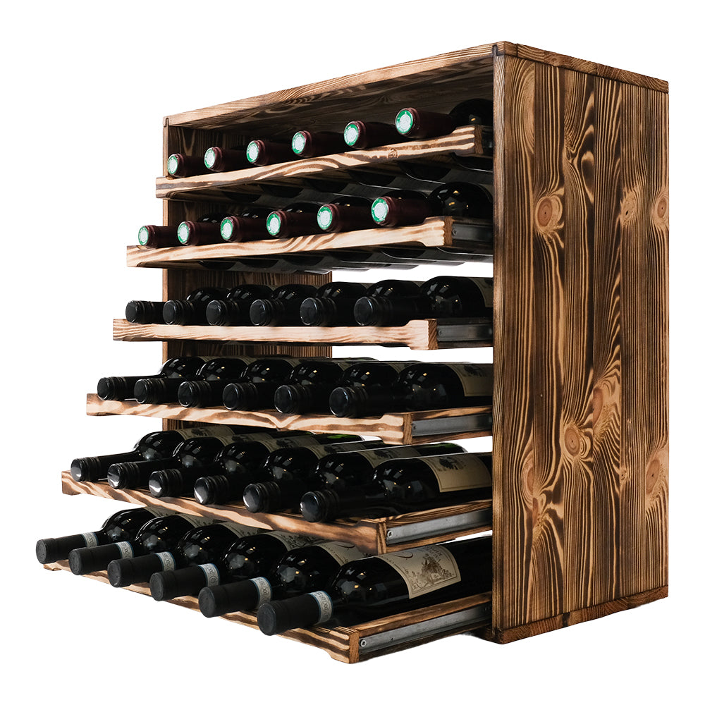 Caverack Modular Wine Rack - LEO module in Burnt Pine S8BPINE with six sliding shelves all containing six bottles and the shelves extended