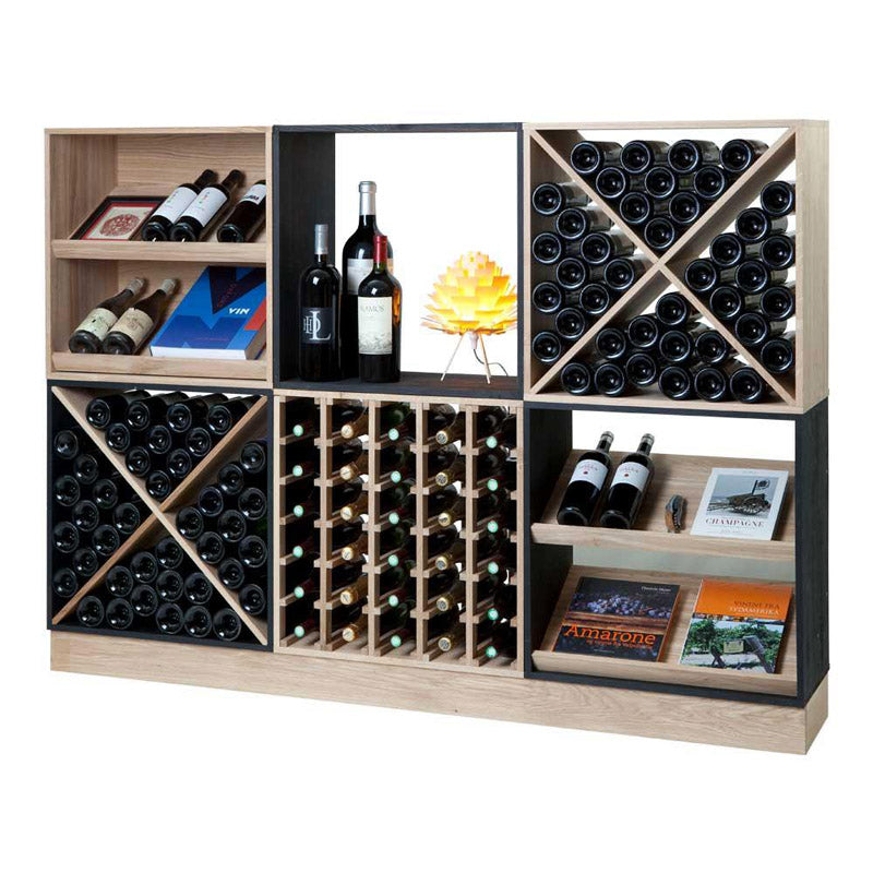 Caverack Modular Wine Rack System in Oak - 180cm Base with 6 Caverack modules fitted in Oak and Black