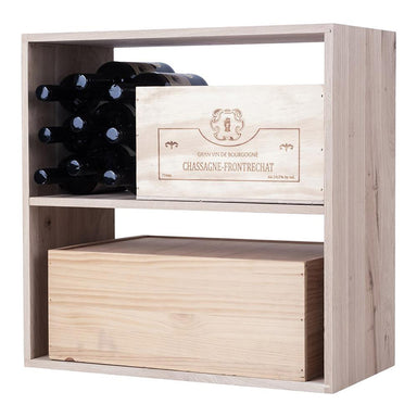 Caverack Modular Wine Rack System in Oak - Fixed Shelves - CENZO angled image fully stocked