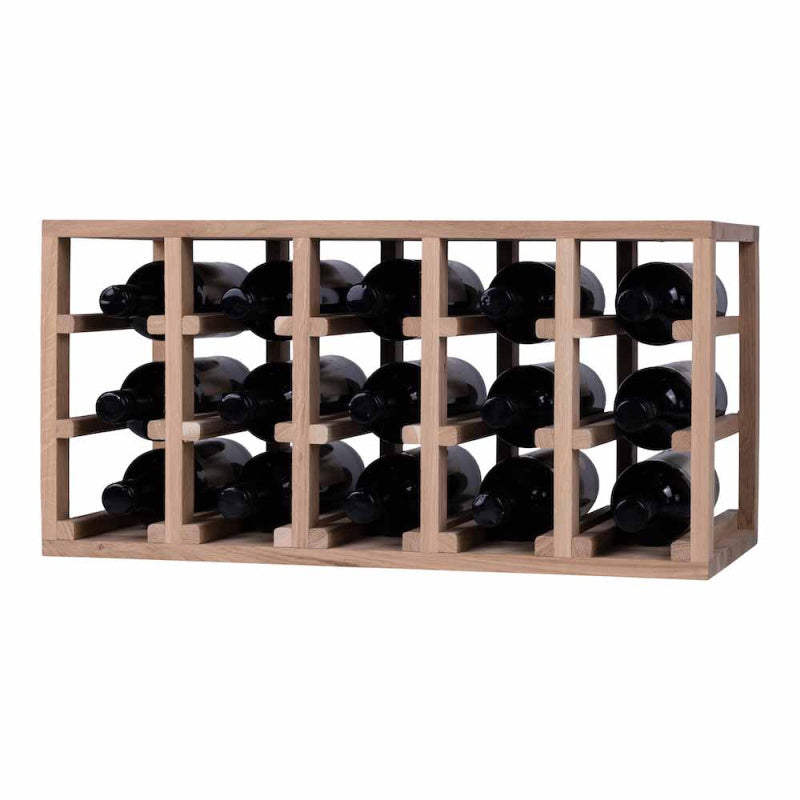 Caverack Modular Wine Rack System - 15 Bottles - HALF ALDA WIDE in oak fully stocked with 15 wine bottles side view