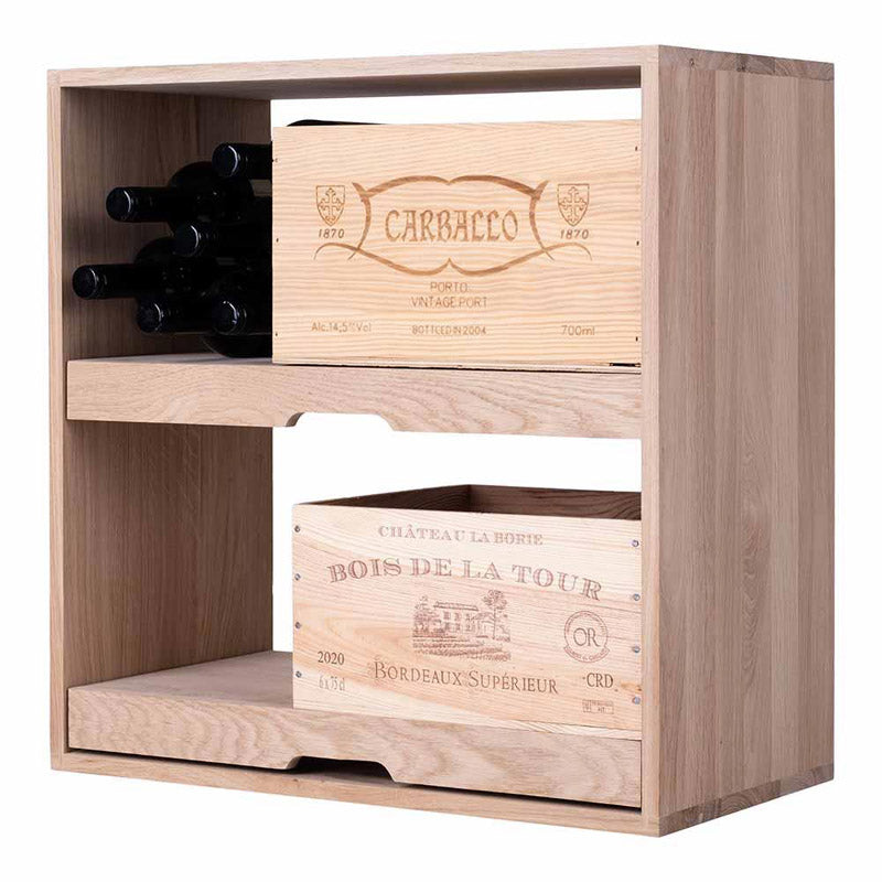 Caverack Modular Wine Rack System in Oak - Sliding Shelves - PERNO Angled View