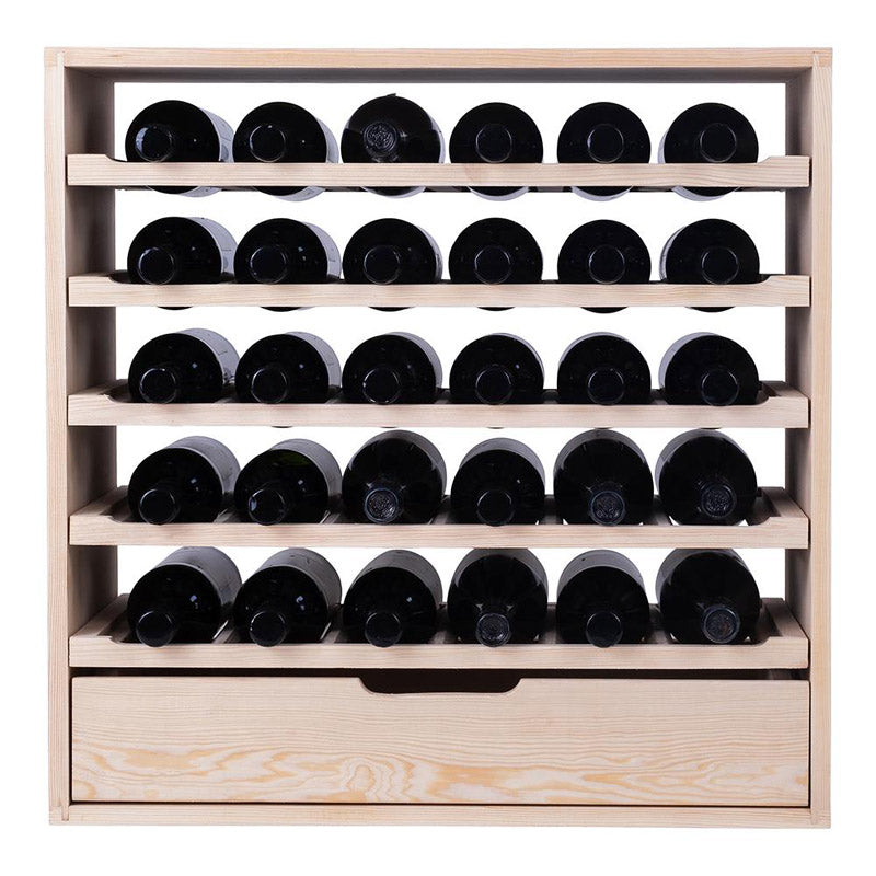 Caverack Modular Wine Rack System in Pine - 30 Bottles + Drawer - CLEO front fully stocked
