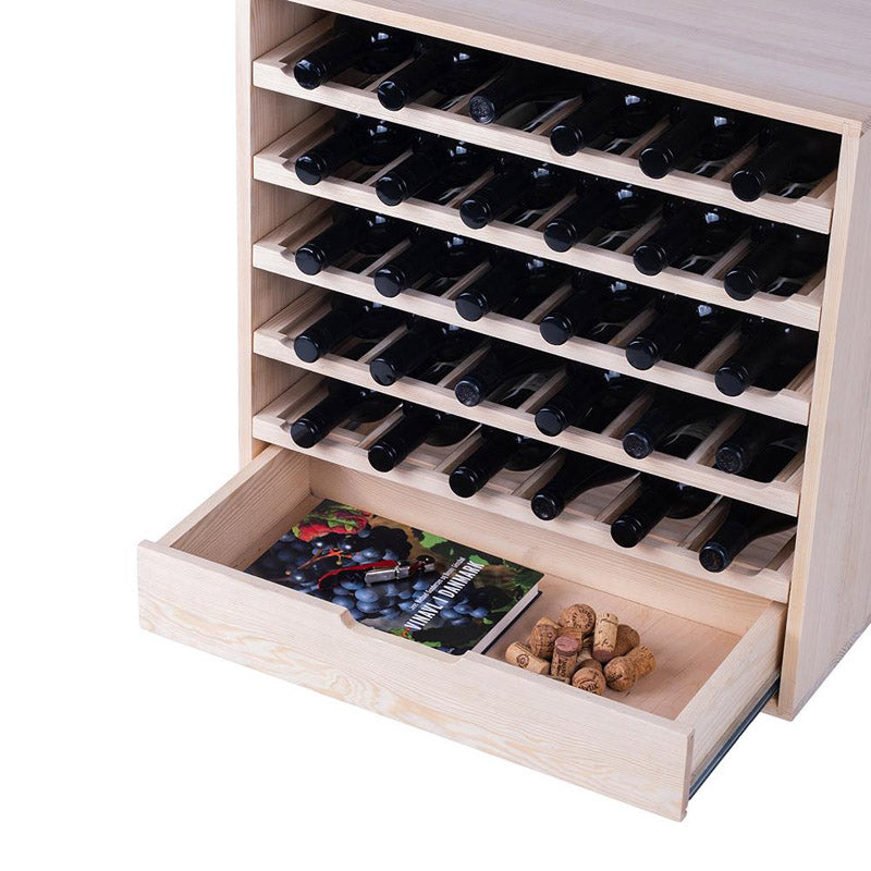 Caverack Modular Wine Rack System in Pine - 30 Bottles + Drawer - CLEO bottom drawer extended