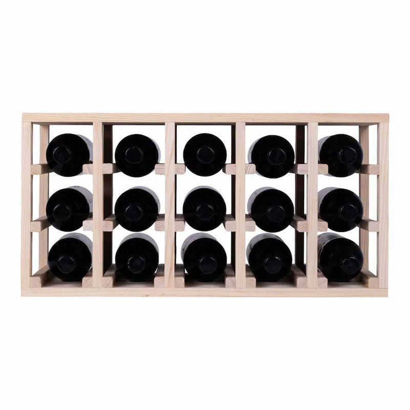Caverack Modular Wine Rack System - 15 Bottles - HALF ALDA WIDE in pine fully stocked with 15 wine bottles front view