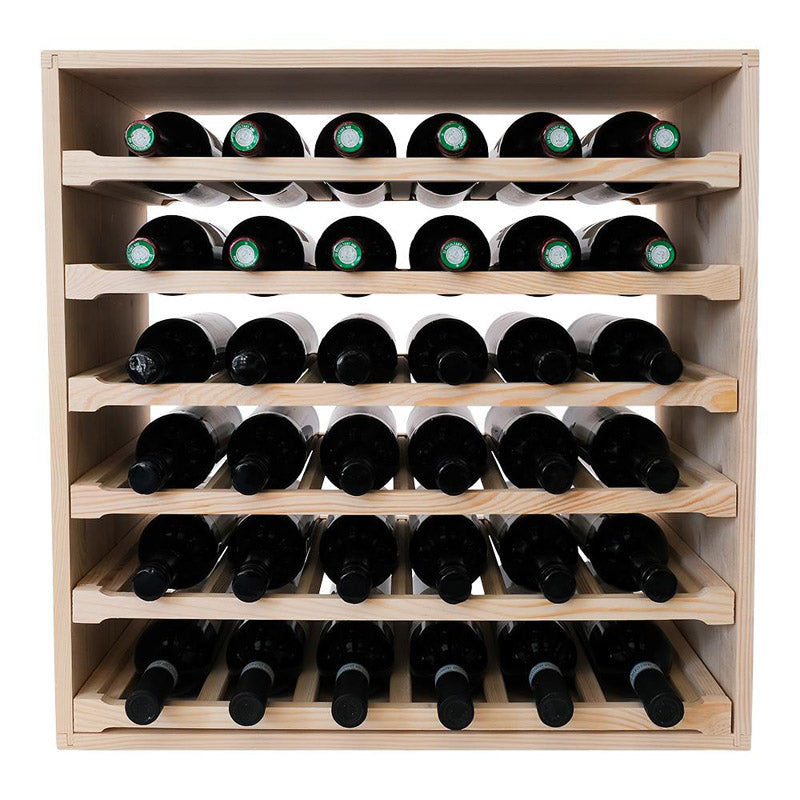 Caverack Modular Wine Rack System in Pine - Six Sliding Shelves - 36 Bottles - LEO front fully stocked example