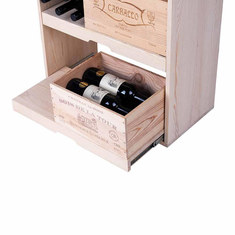 Caverack Modular Wine Rack System in Pine - Sliding Shelves - PERNO bottom shelf view