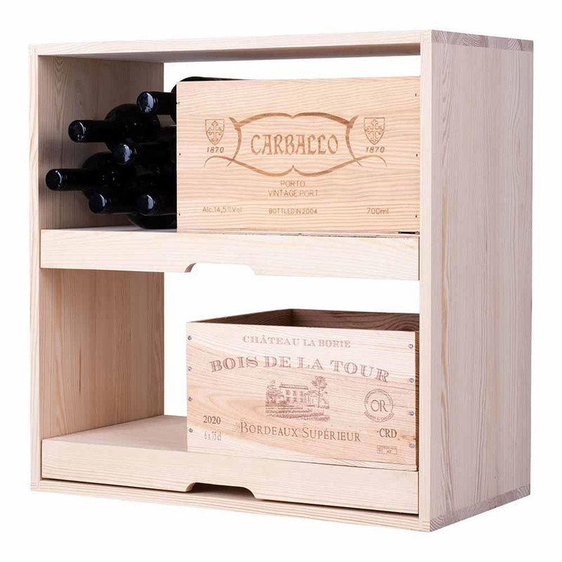 Caverack Modular Wine Rack System in Pine - Sliding Shelves - PERNO angled front view