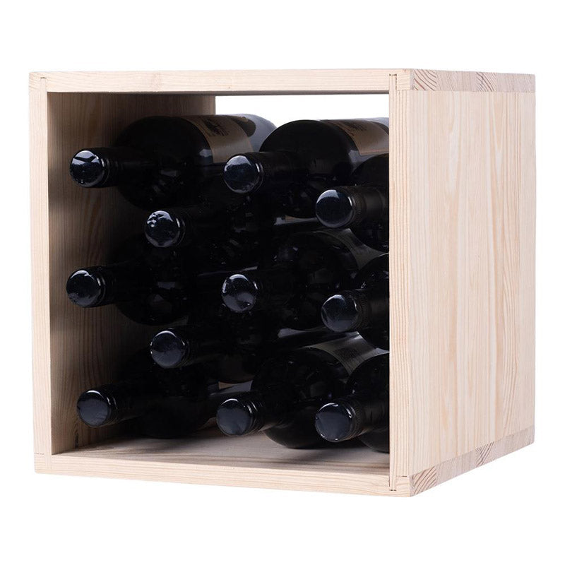 Caverack Modular Wine Rack System in Pine - QUARTER FICO front view and stocked on angle