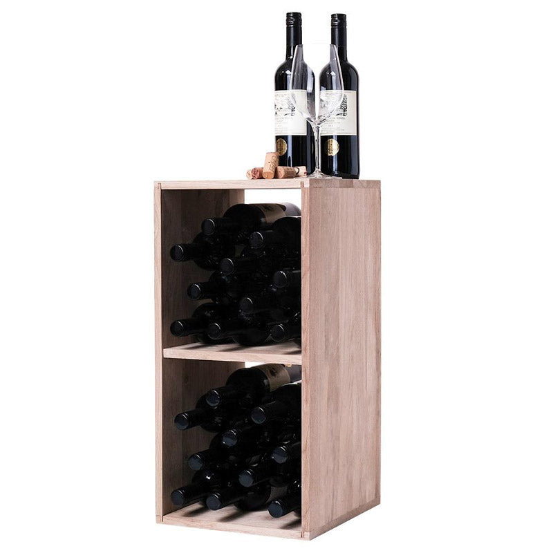 Caverack Modular Wine Rack System in Oak - FICO front and fully stocked, upright standing on an angle with a display option