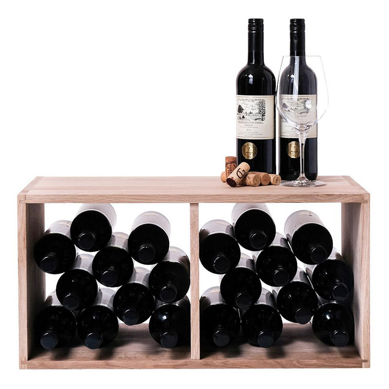 Caverack Modular Wine Rack System in Oak - FICO front and fully stocked, laying on long side for alternative option, used as display