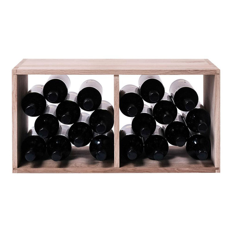 Caverack Modular Wine Rack System in Oak - FICO front and fully stocked, laying on long side for alternative option
