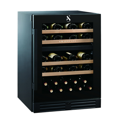 Premium Dual Zone Wine Cooler in black, 82cm, 45 bottles angled side view.