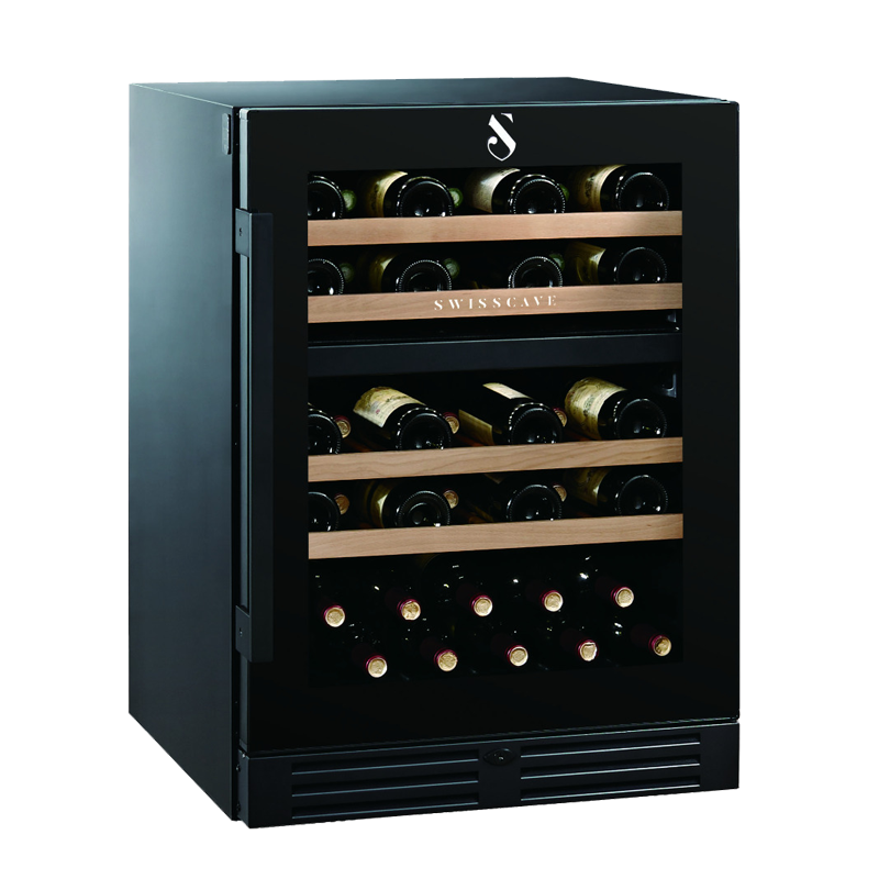 Premium Dual Zone Wine Cooler in black, 82cm, 45 bottles angled side view.