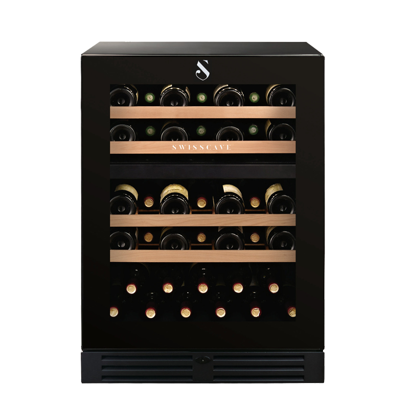 Premium Dual Zone Wine Cooler in black, 82cm, 45 bottles front view.