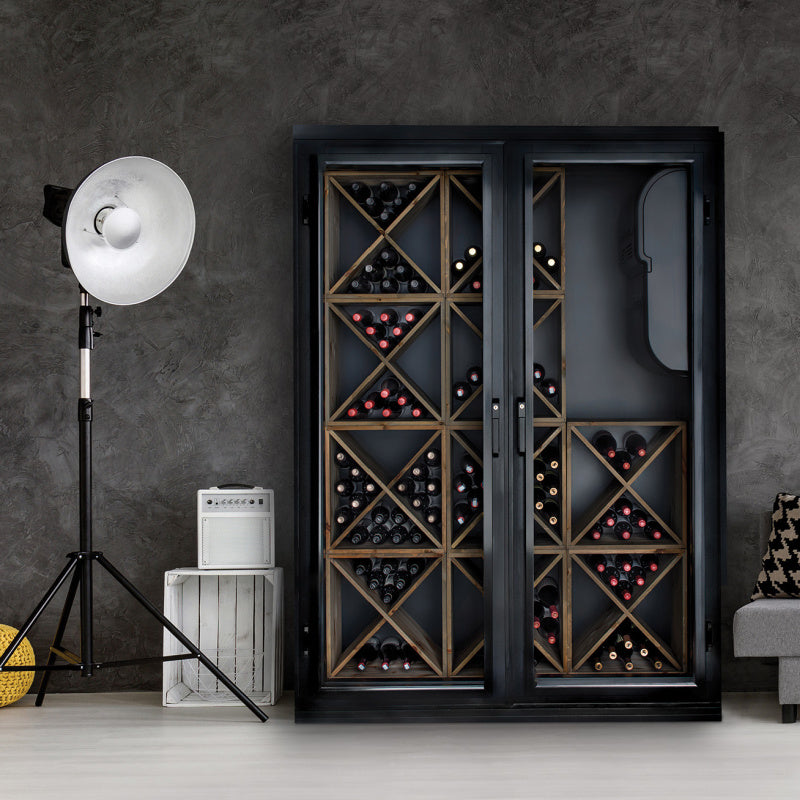 Staalene Freestanding Temp Controlled Wine Room in Black Front in Studio Setting - STD-1 Hinged Doors