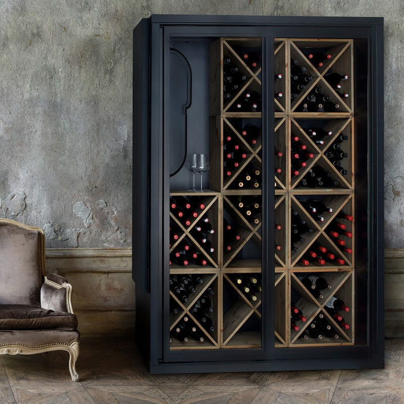 Staalene Freestanding Temp Controlled Wine Room in Black Front Image by chair - STD-2 Sliding Doors