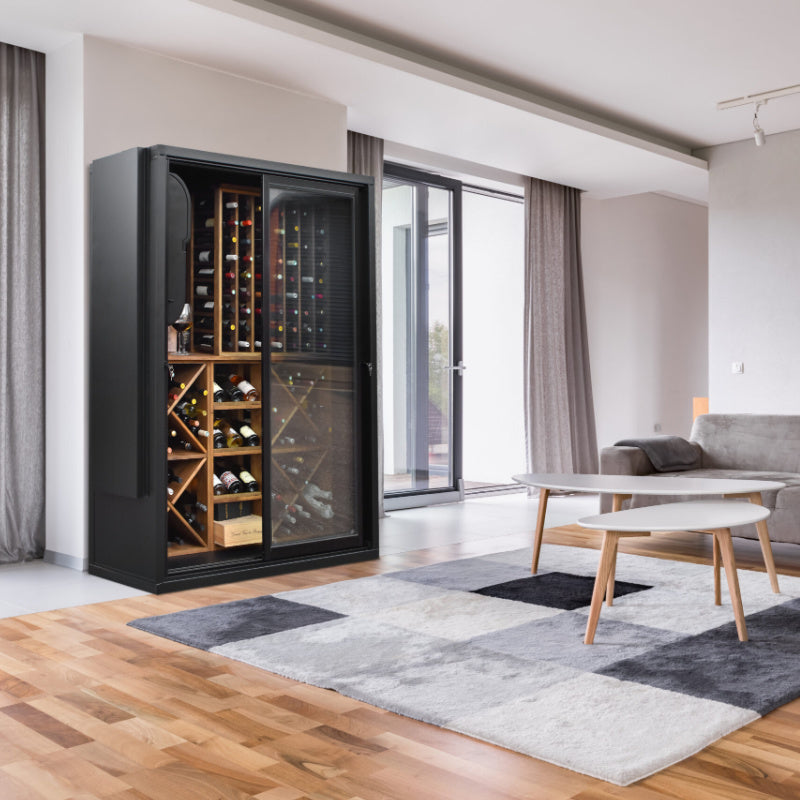 Staalene Freestanding Temp Controlled Wine Room in Black in Living Room - STD-2 Sliding Doors