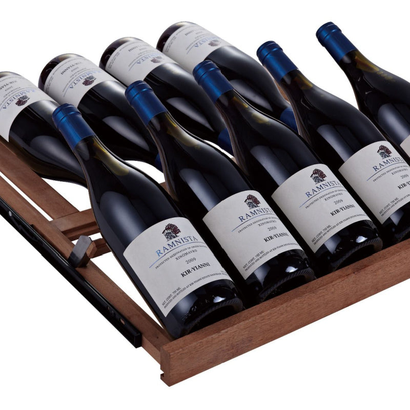 Swiss Cave Wine Fridge Display Shelves Burgundy Optomised in Sapele Wood Stocked View