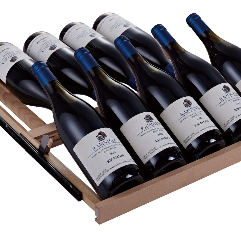 Swiss Cave Wine Fridge Display Shelves Burgundy Optomised in Beechwood Fully Stocked