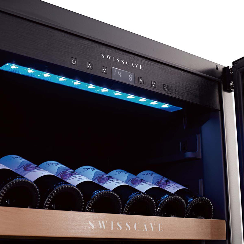 Swiss Cave Classic Dual Zone Wine Cooler, 82cm, 40 Bottles, WL155DF Top Shelf and Blue Lights View