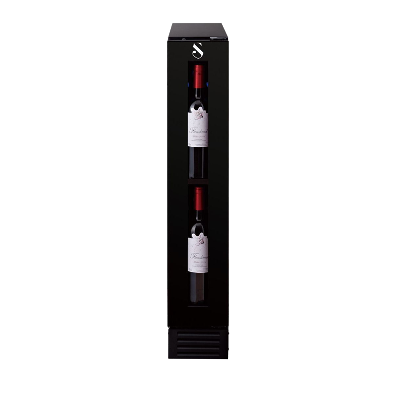 Swiss Cave Classic Single Zone Wine Cooler, 82cm, 9 Bottles, WL30F in black, front view with bordeaux bottles
