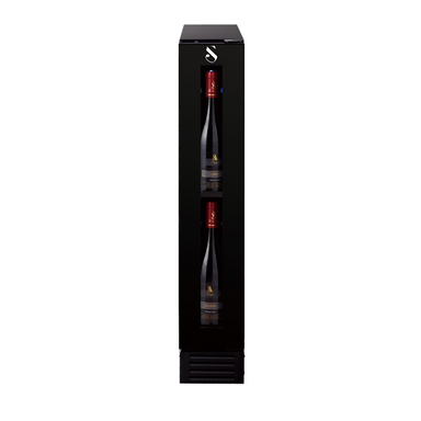Swiss Cave Classic Single Zone Wine Cooler, 82cm, 9 Bottles, WL30F Front View with burgundy bottles displayed