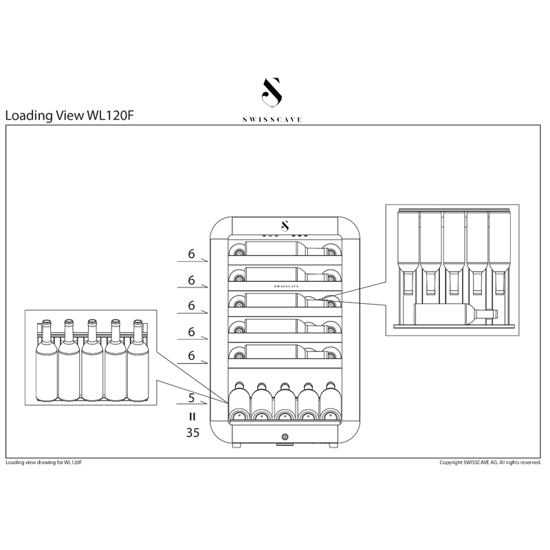Swiss Cave Classic Small Single Zone 35 Bottle Wine Cooler, 83cm, WL120F Drawing Specification