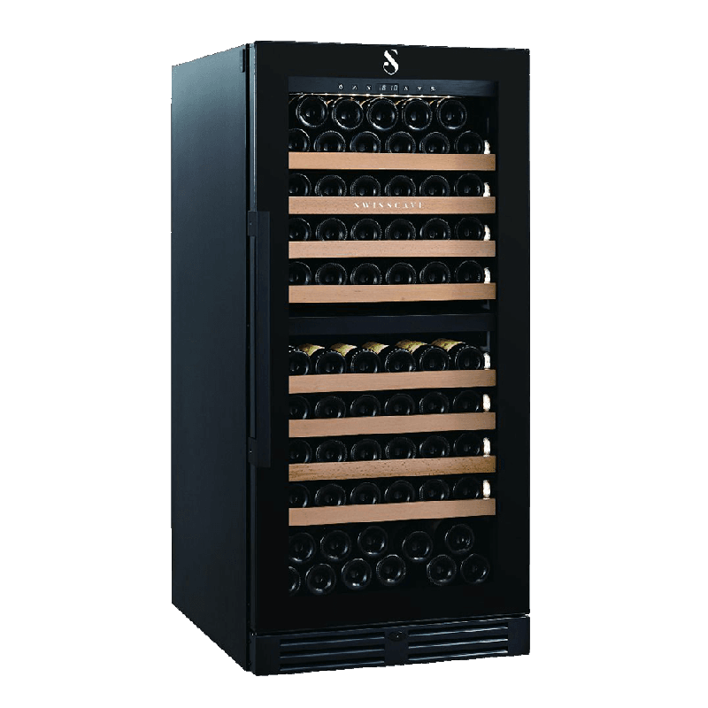 Swiss Cave Premium Dual Zone Wine Cooler, 127cm, 103-113 Mixed Bottles Side Angled View