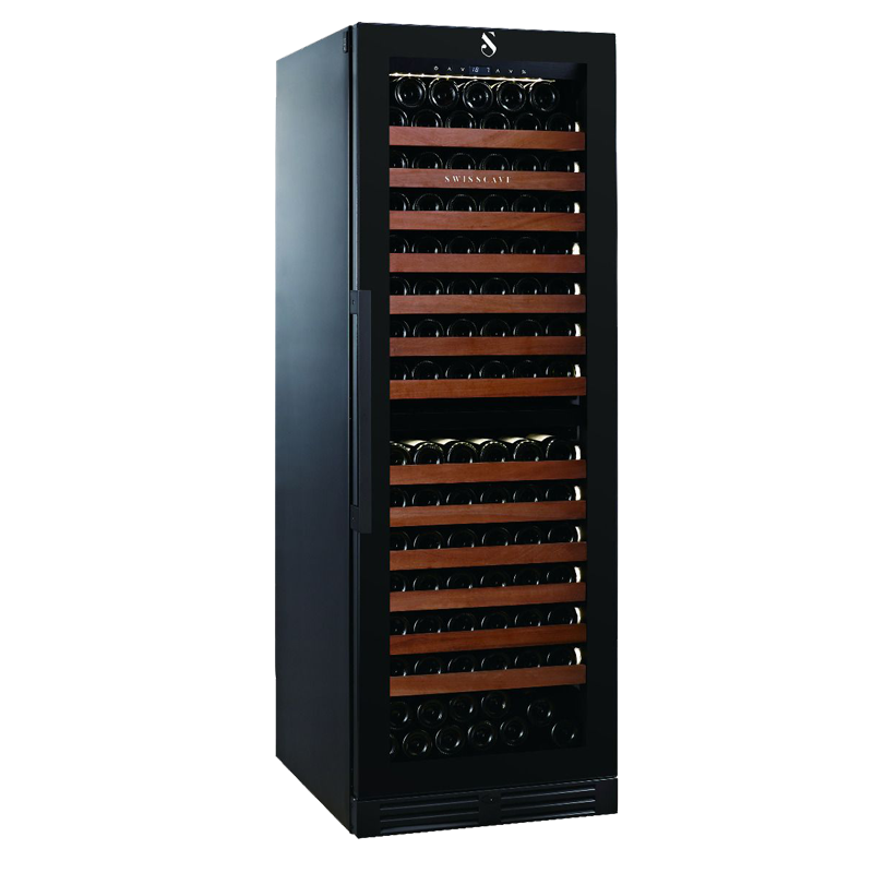 Swiss Cave Premium Dual Zone Wine Cooler, 172cm, 152-164 Mixed Bottles Angled Side View