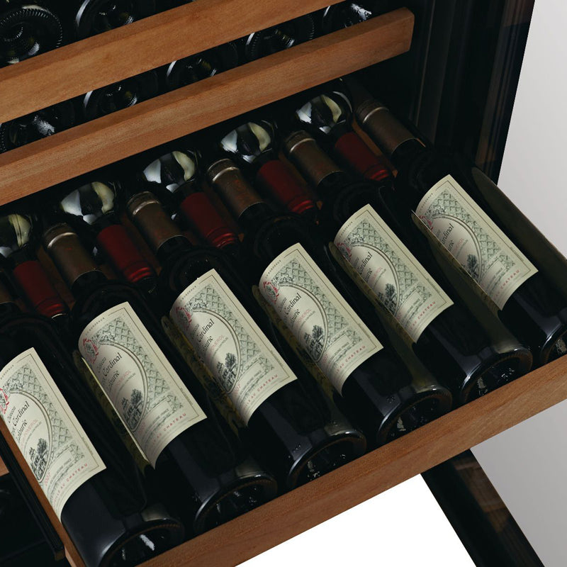 Swiss Cave Premium Edition Pull out shelf close up with bordeaux bottles.