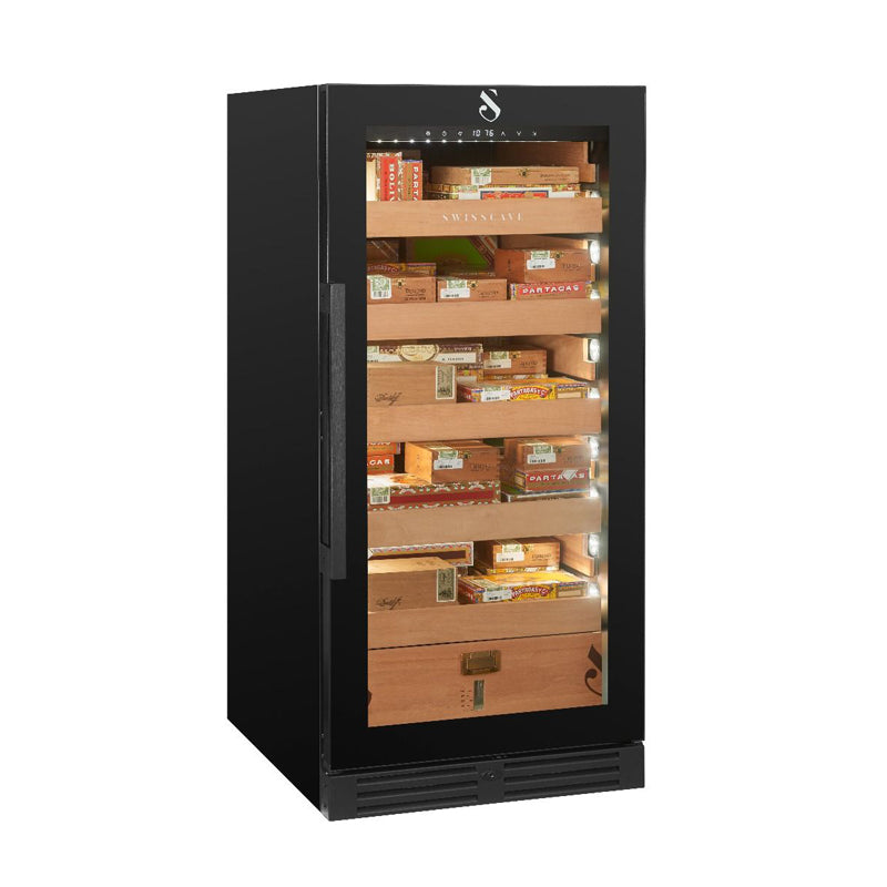 Swiss Cave Premium Humidor, 127cm, 1800 Cigars front view on angle with natural lighting