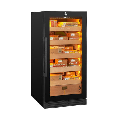 Swiss Cave Premium Humidor, 127cm, 1800 Cigars front view on angle with warm lighting