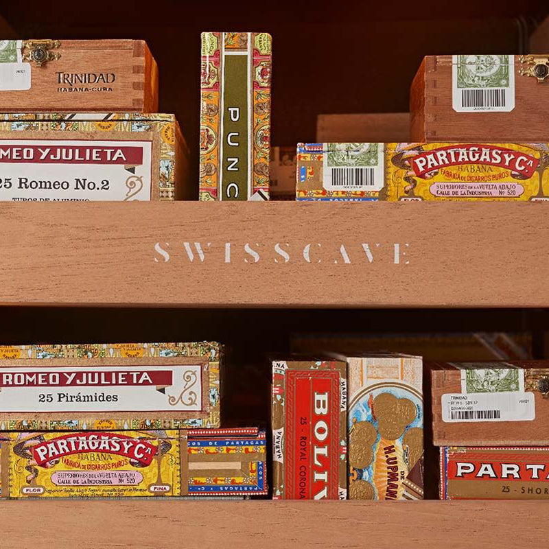 Swiss Cave Premium Humidor, 82cm, 900 Cigars centre shelf with Swiss Cave print