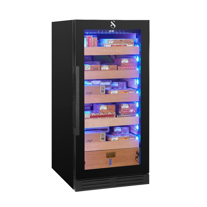 Swiss Cave Premium Humidor, 127cm, 1800 Cigars front view on angle with blue lighting
