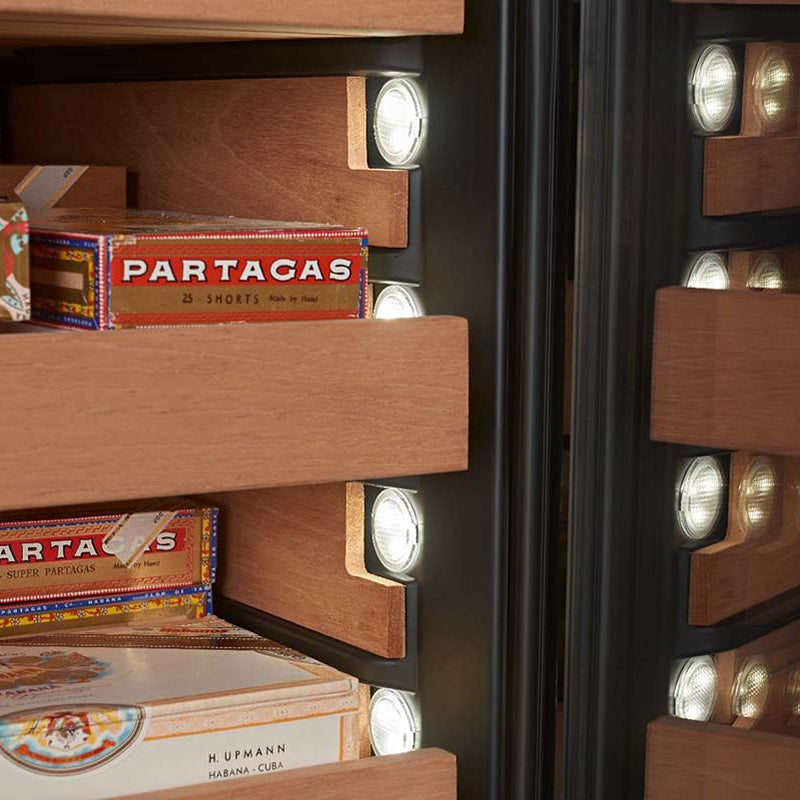 Swiss Cave Premium Humidor, 172cm, 2800 Cigars shelf close up with natural lighting